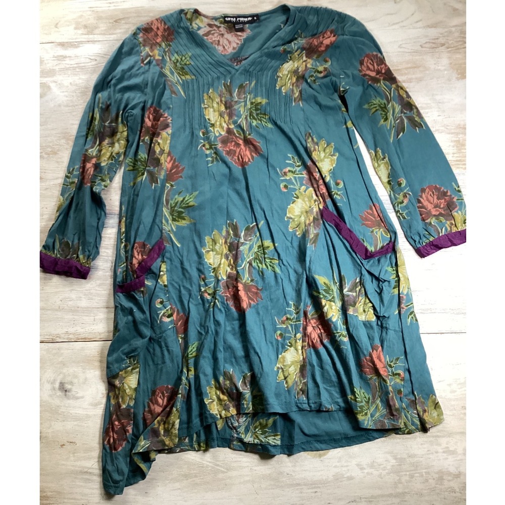 Little Journey Chicago Teal Floral Cotton Tunic Dress Women S Boho Lagenlook